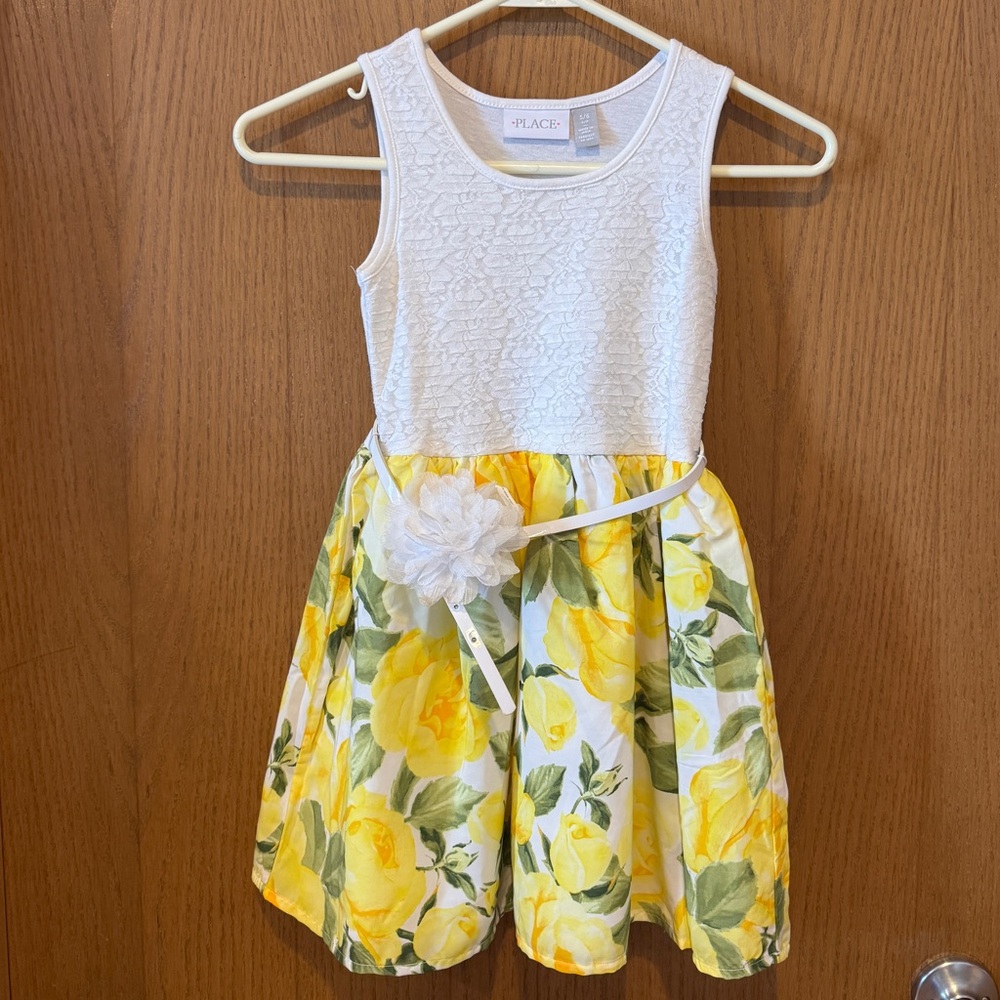 The Children's Place Girls Easter Dress White Lace & Yellow Floral - Size 5/6